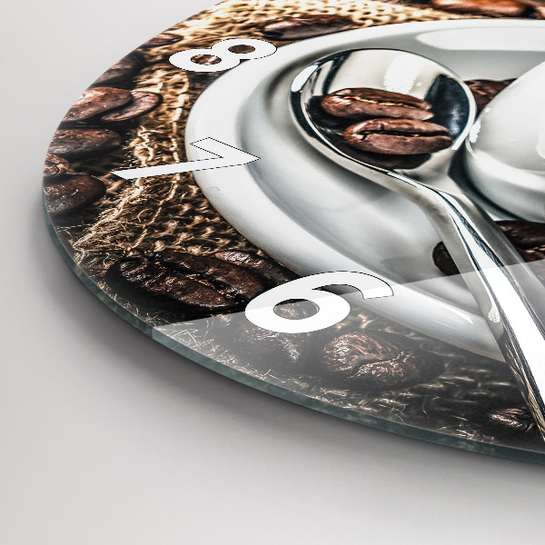 Round glass wall clock Cup and coffee beans