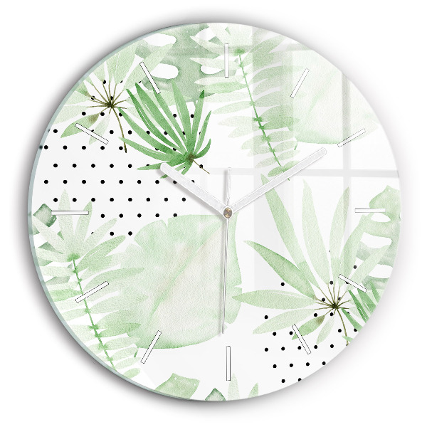 Round glass wall clock Green leaves