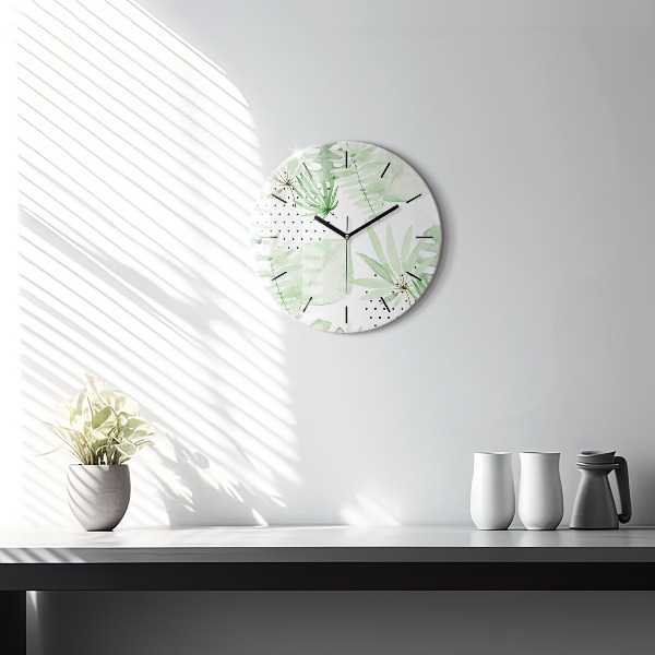 Round glass wall clock Green leaves