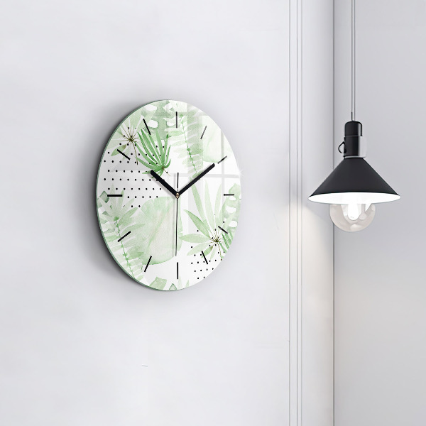 Round glass wall clock Green leaves