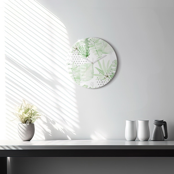 Round glass wall clock Green leaves