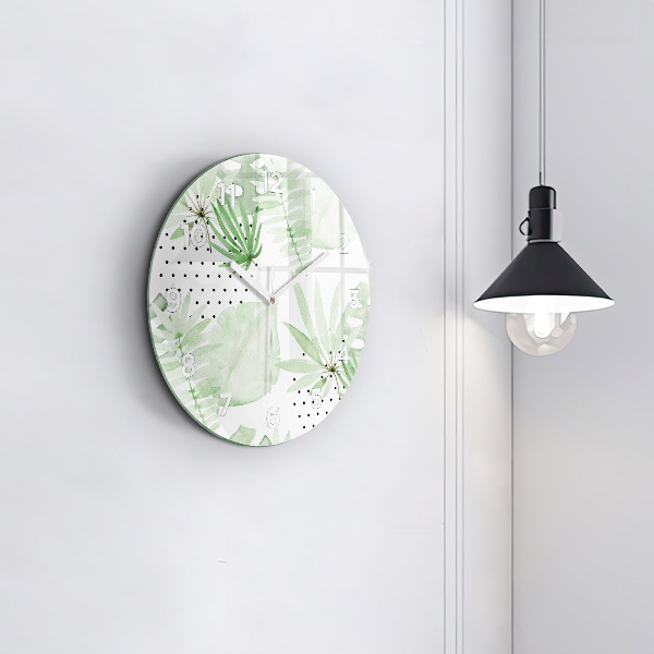 Round glass wall clock Green leaves