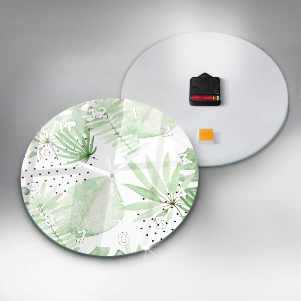 Round glass wall clock Green leaves