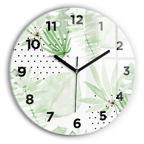 Round glass wall clock Green leaves