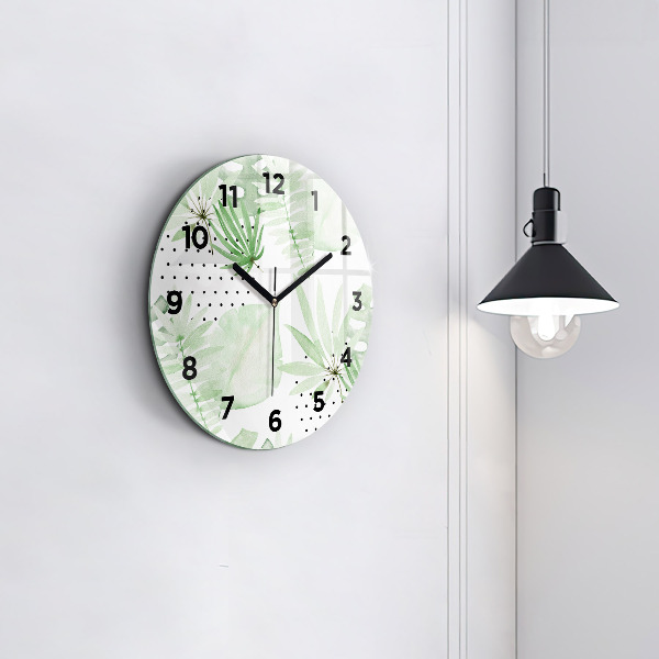 Round glass wall clock Green leaves