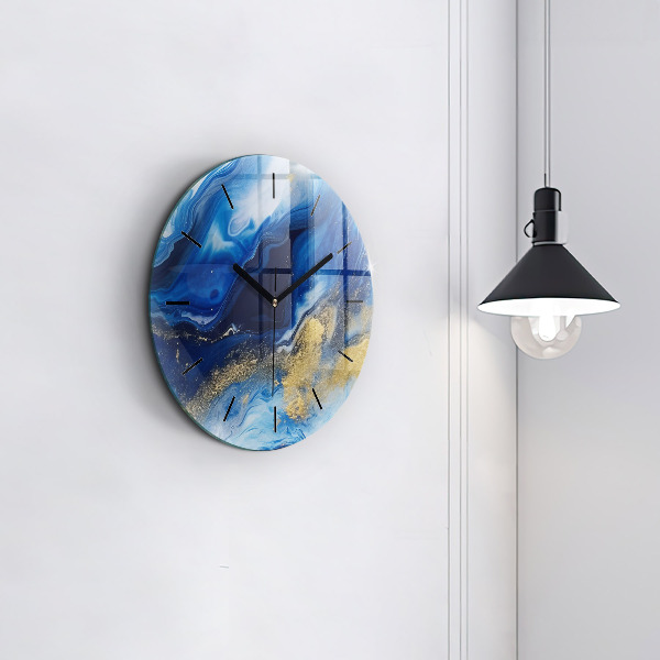 Round glass wall clock Blue marble