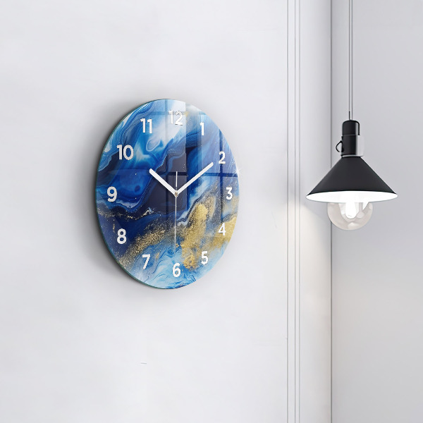 Round glass wall clock Blue marble