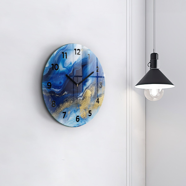 Round glass wall clock Blue marble