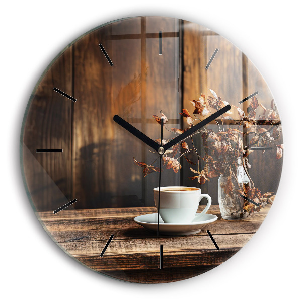 Round glass wall clock A cup of coffee