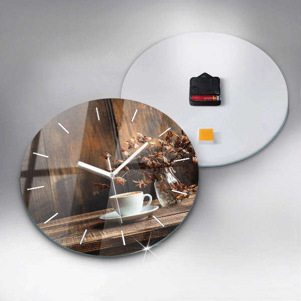 Round glass wall clock A cup of coffee