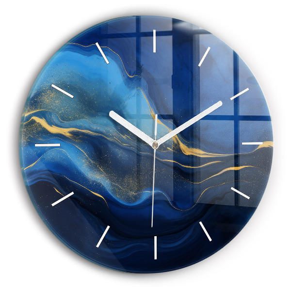 Round glass wall clock Blue marble
