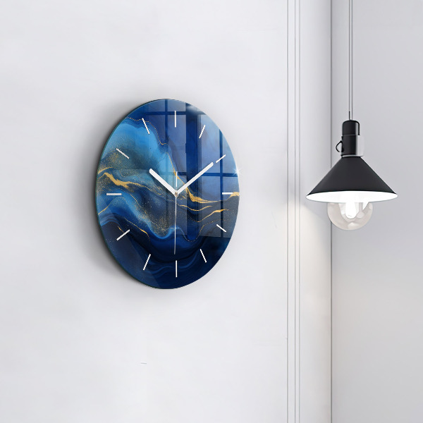Round glass wall clock Blue marble
