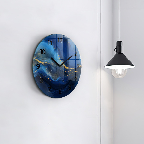 Round glass wall clock Blue marble
