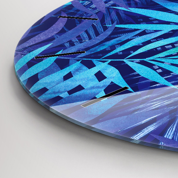 Round glass wall clock Blue leaves