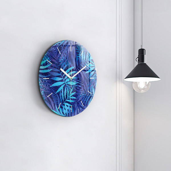 Round glass wall clock Blue leaves