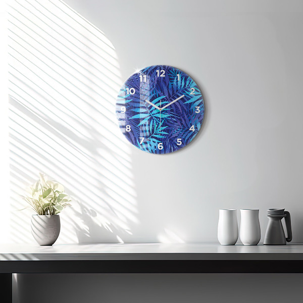 Round glass wall clock Blue leaves