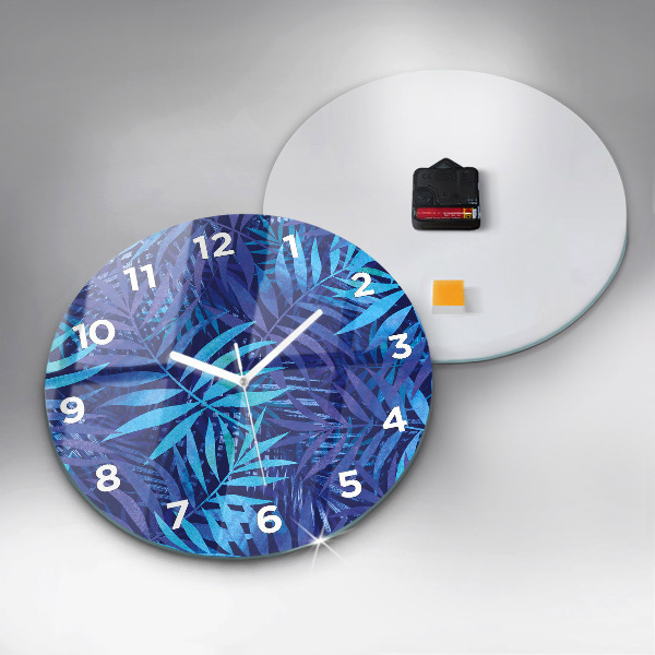 Round glass wall clock Blue leaves