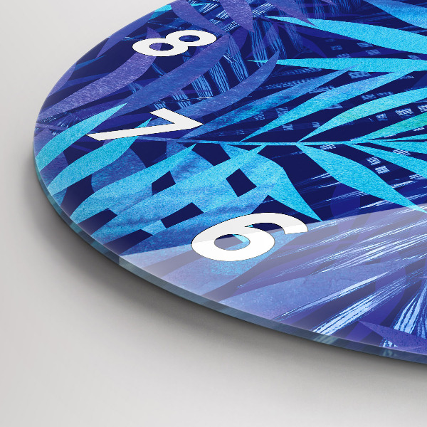 Round glass wall clock Blue leaves