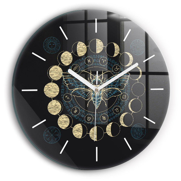 Round glass wall clock Moon Phases and Insect