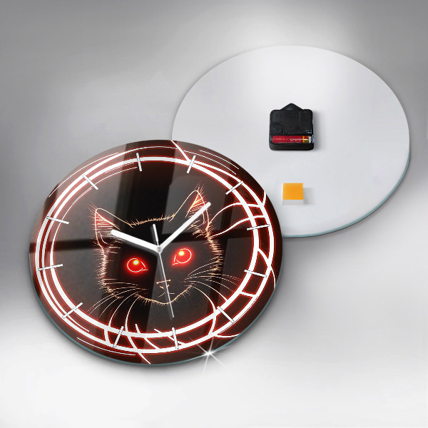 Round glass wall clock Cat with red eyes