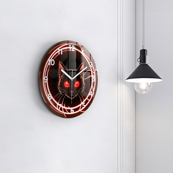 Round glass wall clock Cat with red eyes