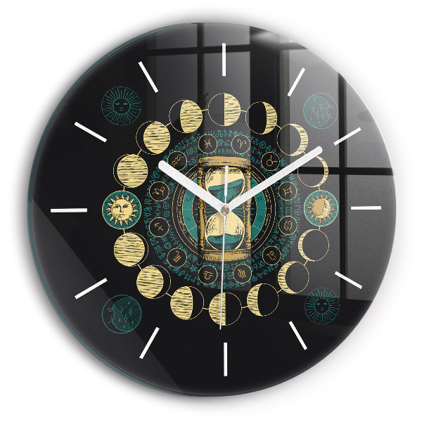 Round glass wall clock Moon phases and hourglass