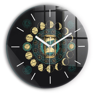 Round glass wall clock Moon phases and hourglass
