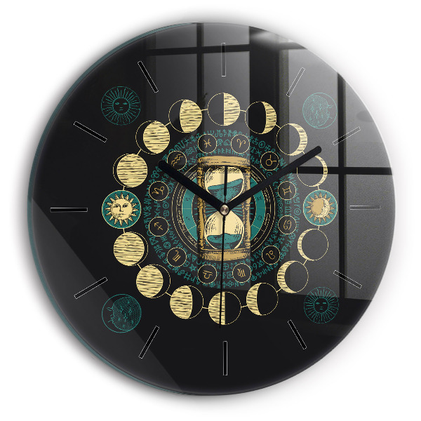Round glass wall clock Moon phases and hourglass