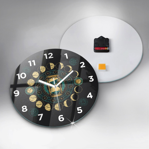 Round glass wall clock Moon phases and hourglass