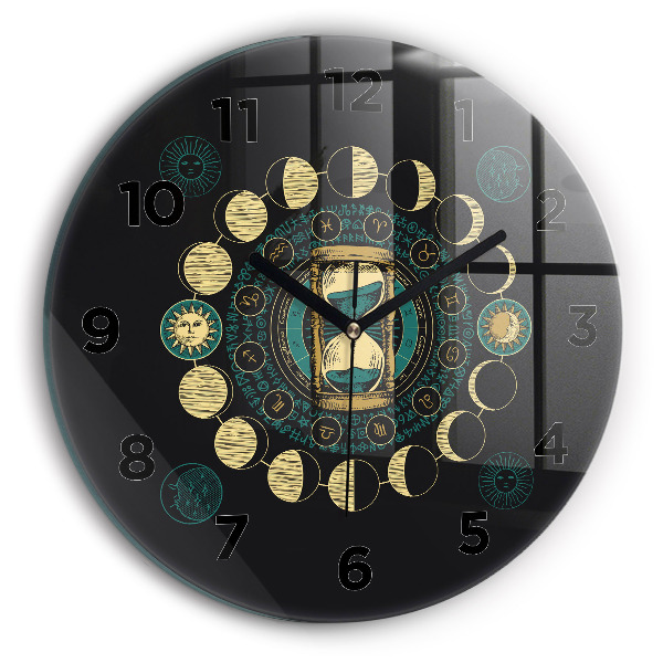 Round glass wall clock Moon phases and hourglass