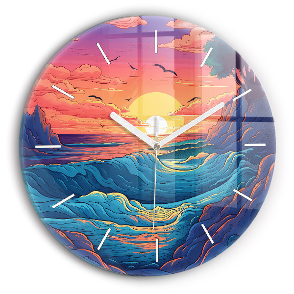 Round glass wall clock Fairytale waves and ocean