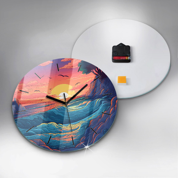 Round glass wall clock Fairytale waves and ocean