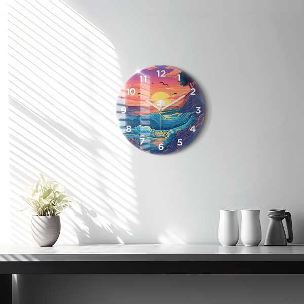 Round glass wall clock Fairytale waves and ocean