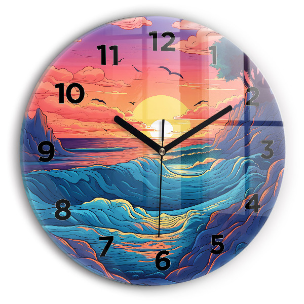 Round glass wall clock Fairytale waves and ocean