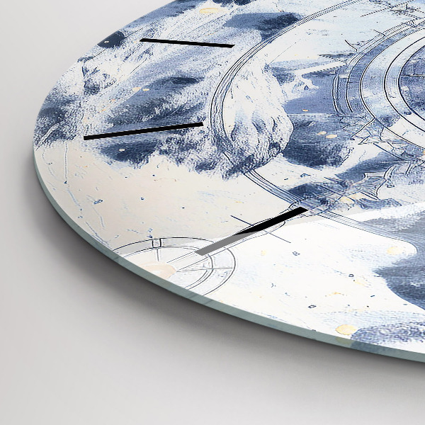 Round glass wall clock Blue drawings