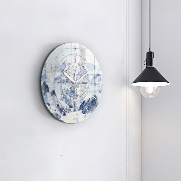 Round glass wall clock Blue drawings
