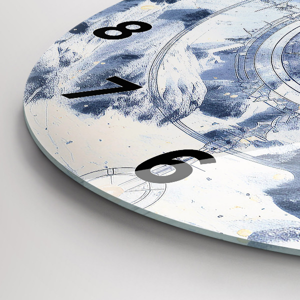 Round glass wall clock Blue drawings