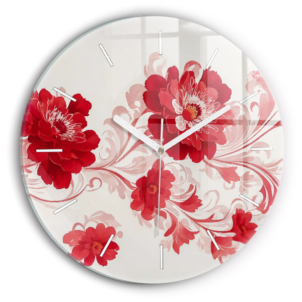 Round glass wall clock Red flowers
