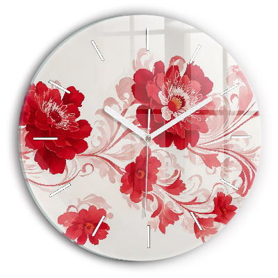 Round glass wall clock Red flowers