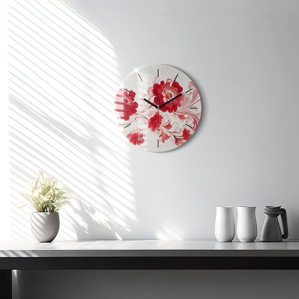 Round glass wall clock Red flowers