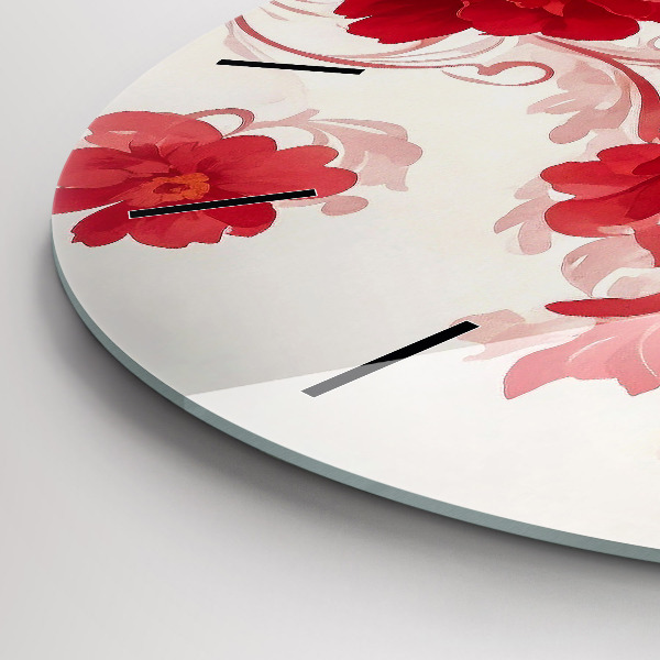 Round glass wall clock Red flowers