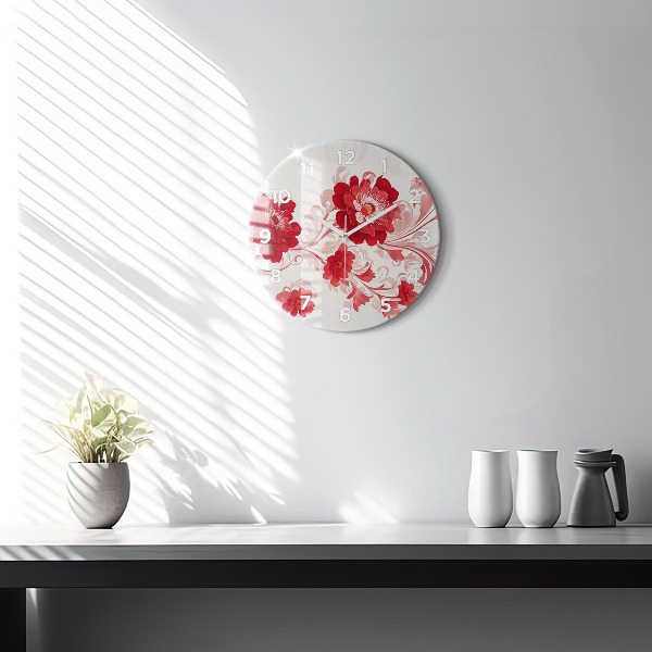 Round glass wall clock Red flowers