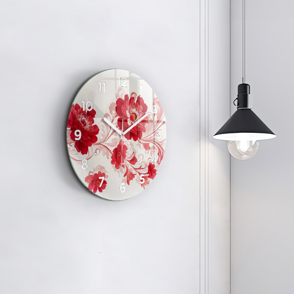 Round glass wall clock Red flowers