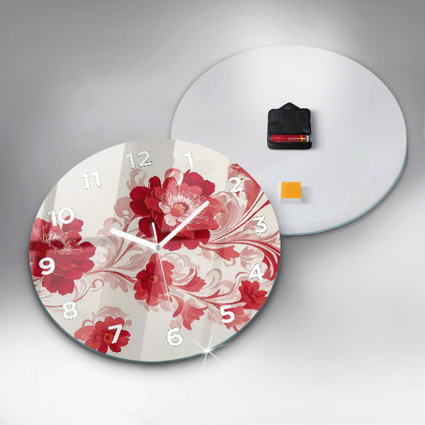 Round glass wall clock Red flowers