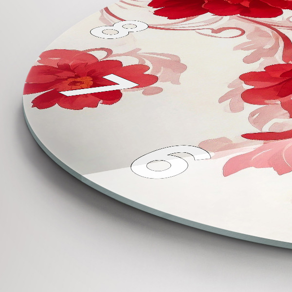 Round glass wall clock Red flowers