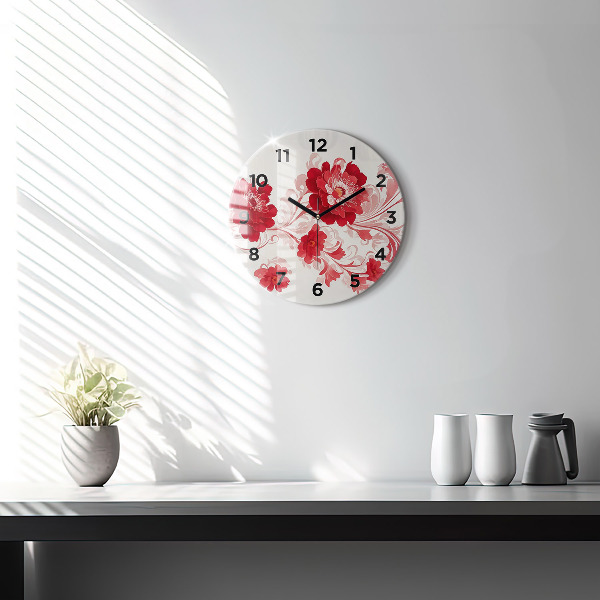 Round glass wall clock Red flowers