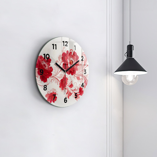 Round glass wall clock Red flowers