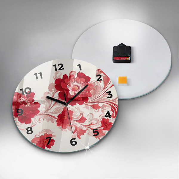 Round glass wall clock Red flowers