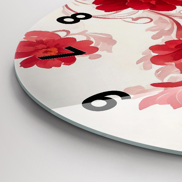 Round glass wall clock Red flowers