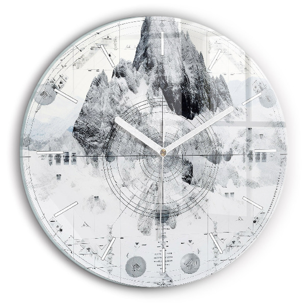 Round glass wall clock Cartoon mountains